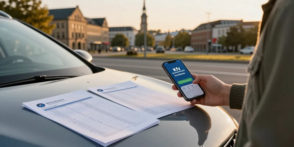 Kfz Versicherung Vergleich neben Auto in Dortmund mit Versicherungspapieren auf Motorhaube