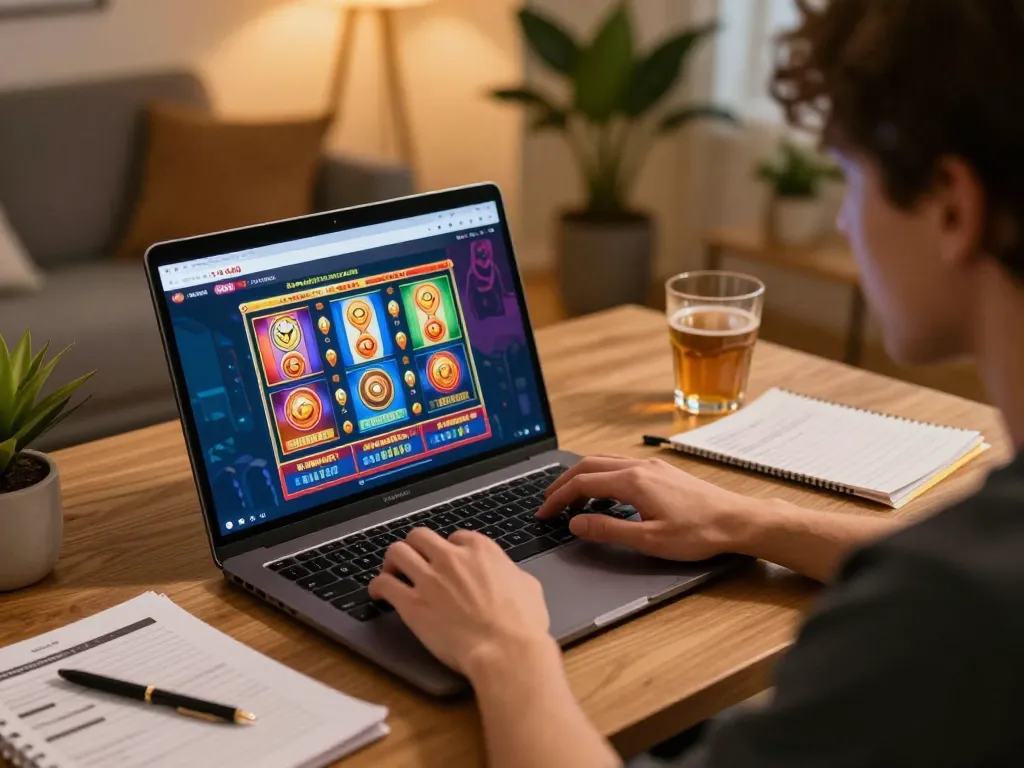 Engaging in online gambling on Go88 at home, with colorful slots displayed on laptop screen and strategy notes.