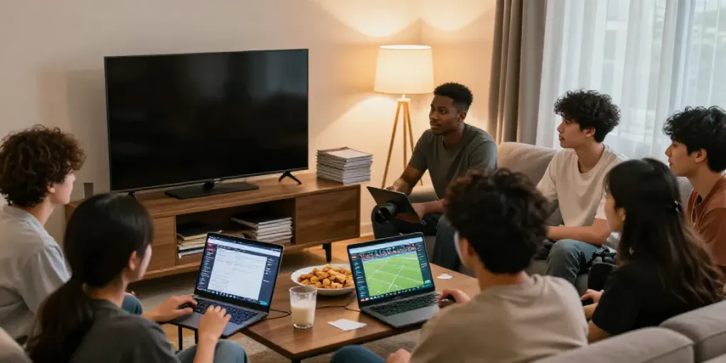 Friends enjoying a live sports event while engaging in Alternatif Bola88 online betting.