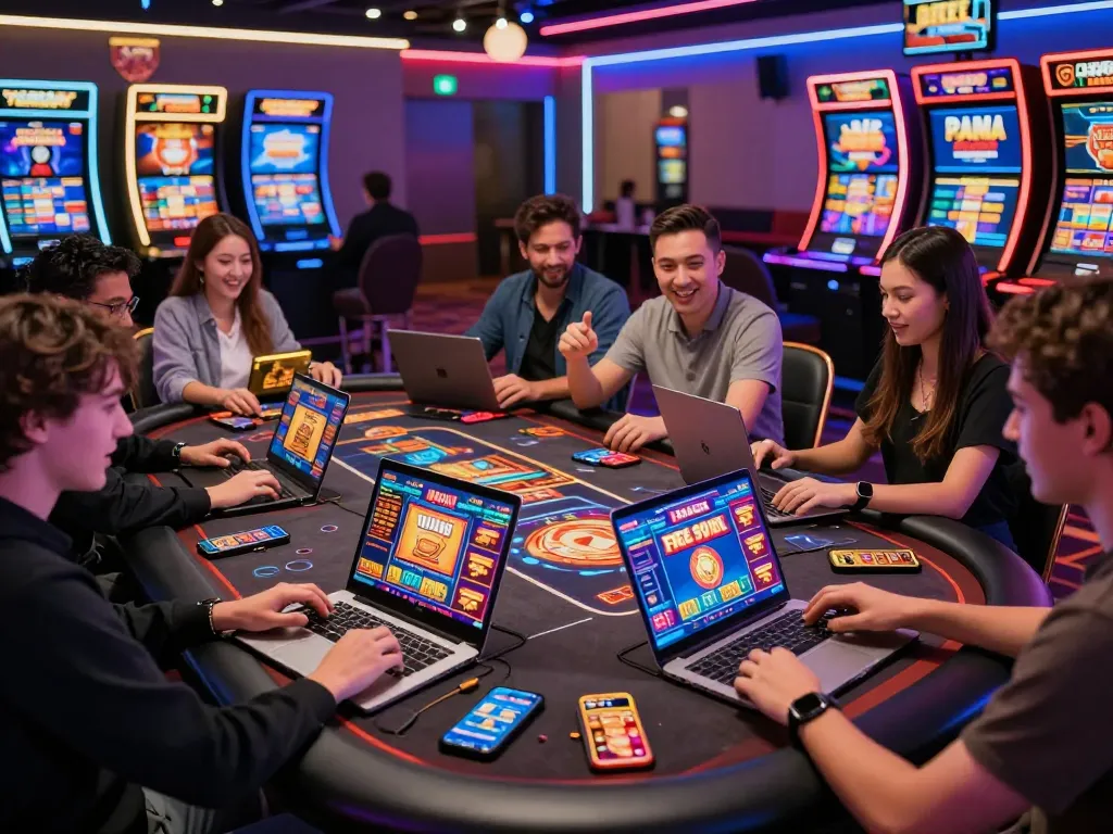 Excited players enjoying their free spins Australia at an online casino gaming table, surrounded by colorful game interfaces and promotional screens.