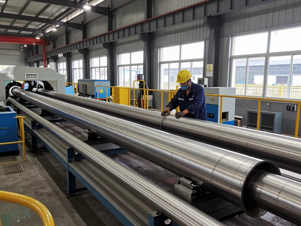 Technician in safety gear working with sumwin stainless steel pipes in a bright industrial factory.