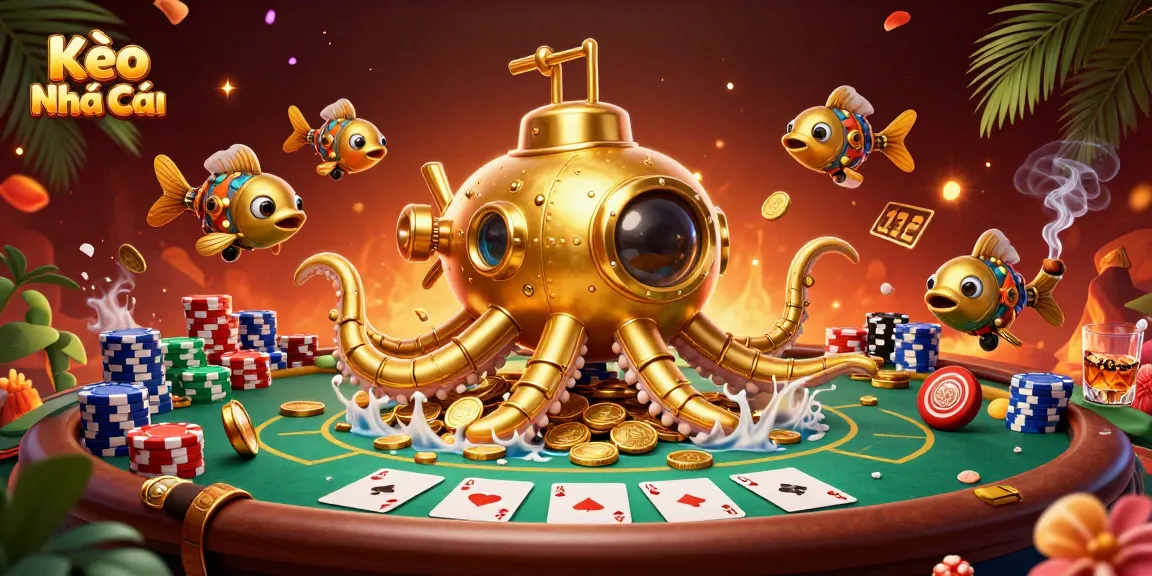 Kèo Nhà Cái showcases an exciting scene featuring a golden kraken submarine amidst poker elements.