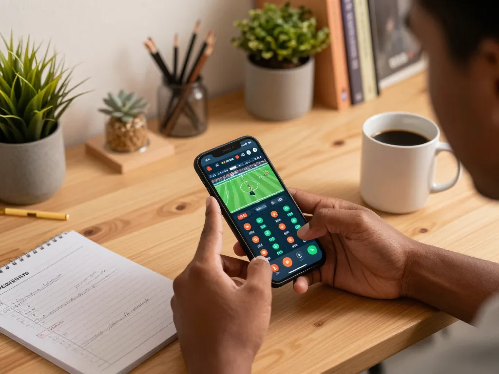 Person placing sports bets using smartphone, showcasing ty le keo nha cai in an engaging home setting.