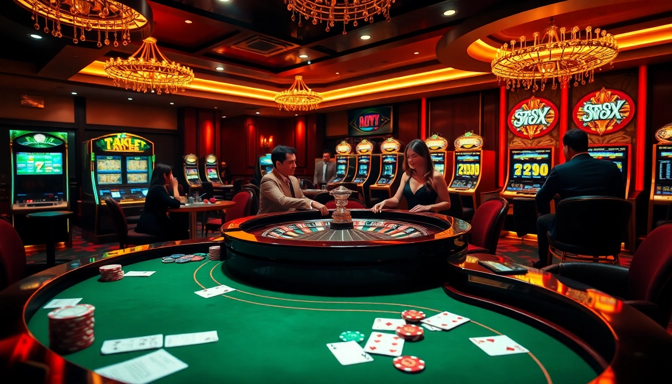 Experience the thrill of winning at https://nhatvip.meme/, featuring a luxurious casino scene with roulette wheels and poker chips.