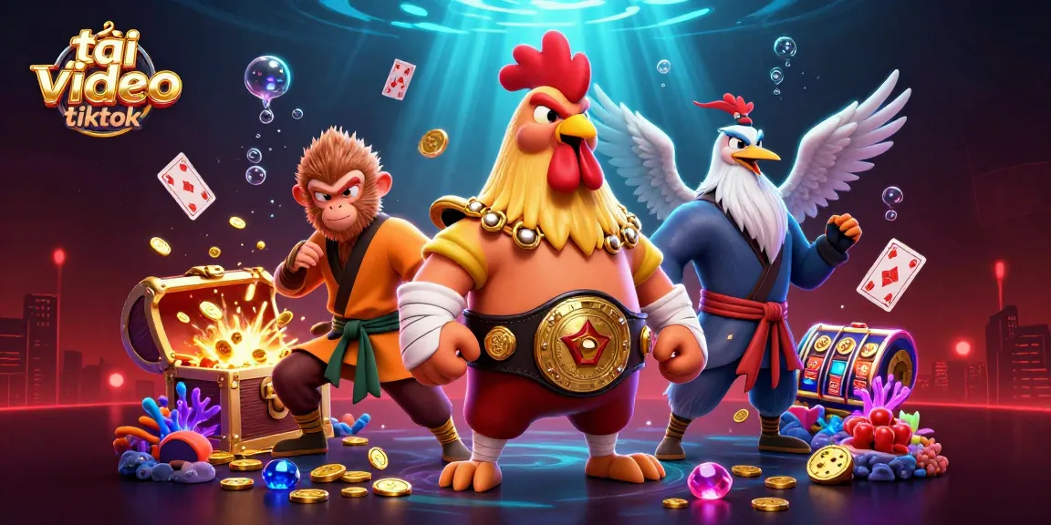 Tải video tiktok easily with casino-themed characters, including a Muay Thai rooster and monkey martial artist.