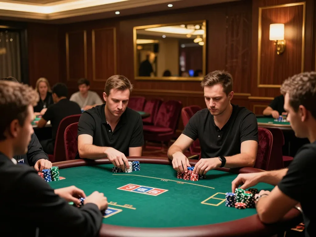 Players engaging in an intense poker game at SV368, showcasing strategic betting and a luxurious atmosphere.