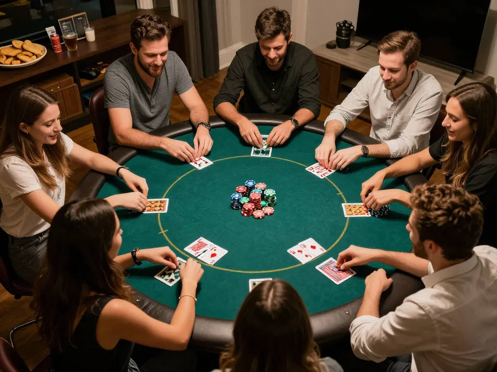 Engaged friends playing poker at home, showcasing a lively RR88 game night atmosphere.