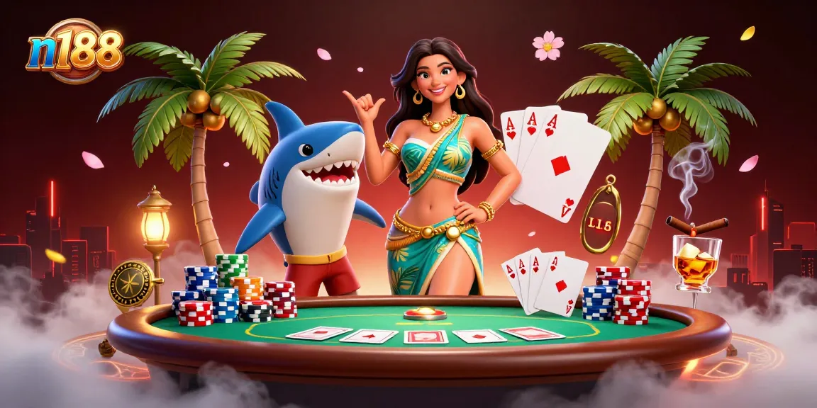 Experience thrill at n188 with a glamorous beach goddess, a shark, and vibrant gaming elements.