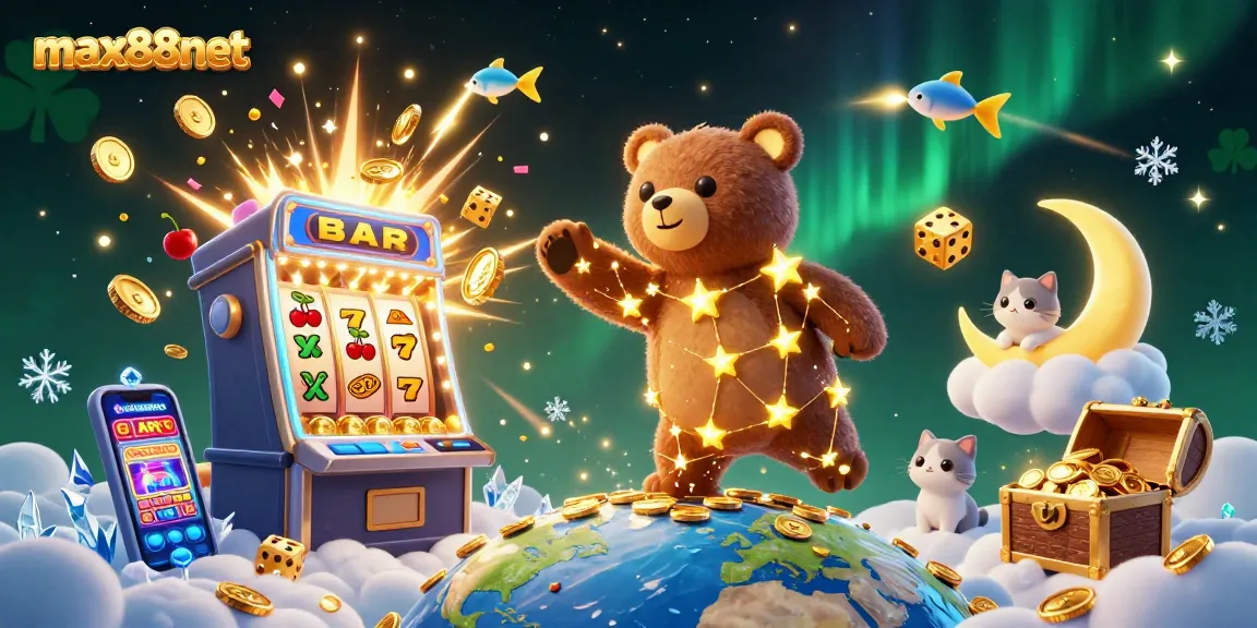 Max88net showcases an enchanting 3D casino scene with a constellation bear and vibrant slot machine elements.