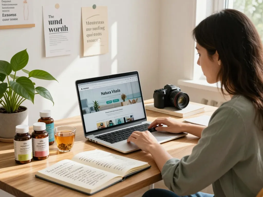 Natura Vitalis Erfahrungen hervorgehoben in einem Homeoffice-Setting mit einem Unternehmer, der Gesundheitsprodukte und Wellnessprodukte überprüft.