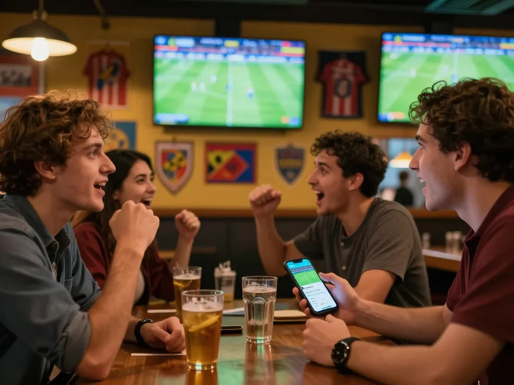 Engaged sports bettor analyzing football predictions on smartphone while watching a live soccer match.