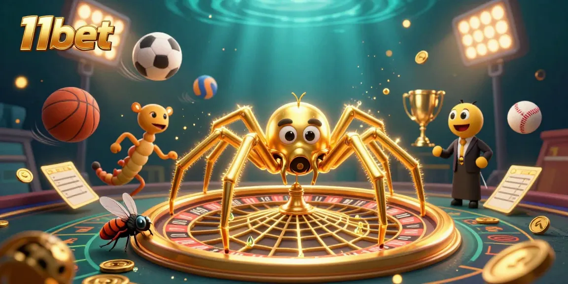 Engage in thrilling bets at 11bet with a golden spider and dynamic sports elements in a vibrant illustration.