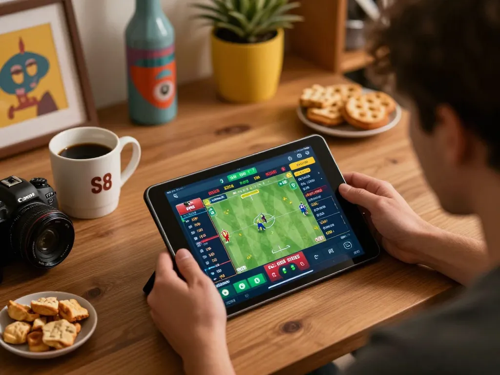 Player engaging in sports betting on S8 platform from home with tablet showcasing live odds.