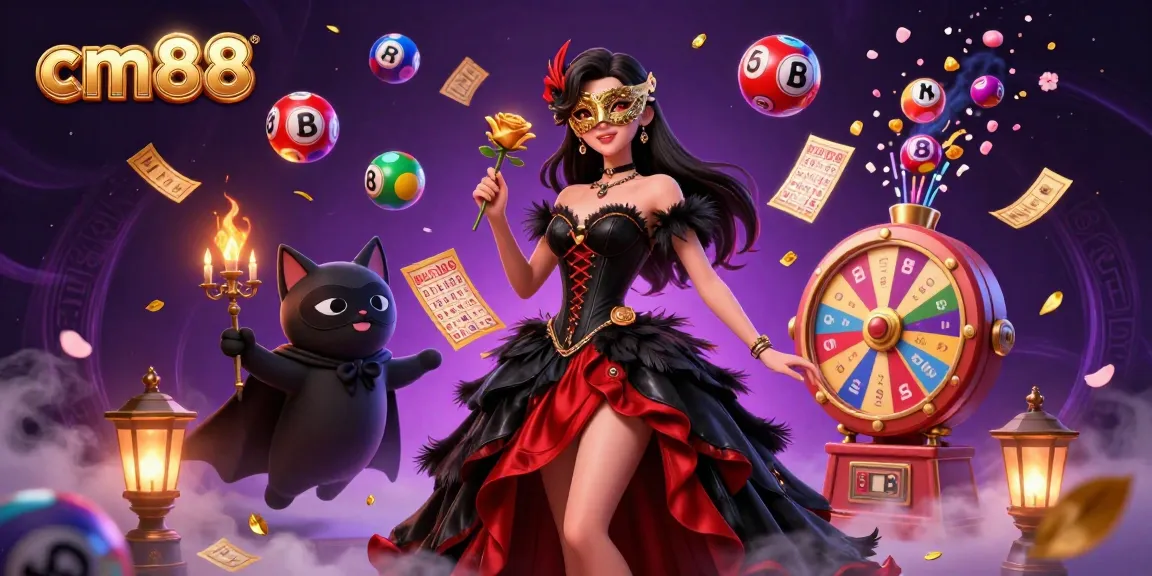 Experience the excitement of cm88 with a vibrant, dynamic digital illustration showcasing a stunning casino scene filled with lottery elements.