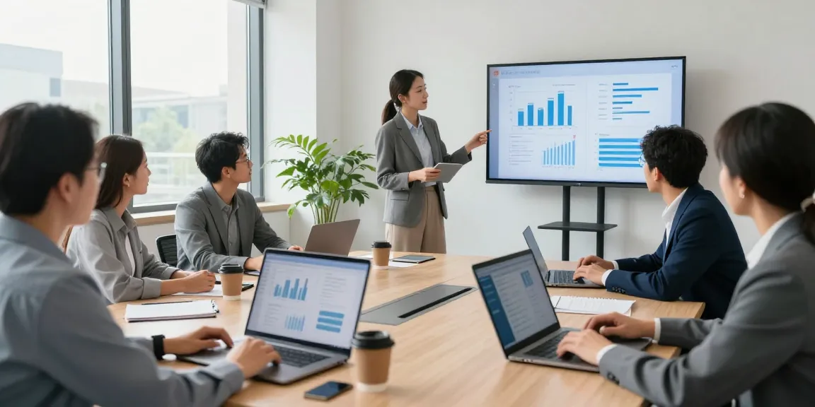 Professionelles Meeting mit Echtzeitübersetzungen und multilingualen Teilnehmern.
