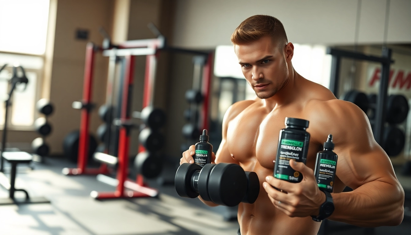 Trenbolon kaufen Produkte präsentiert von einem Fitnessmodel in einem modernen Fitnessstudio.