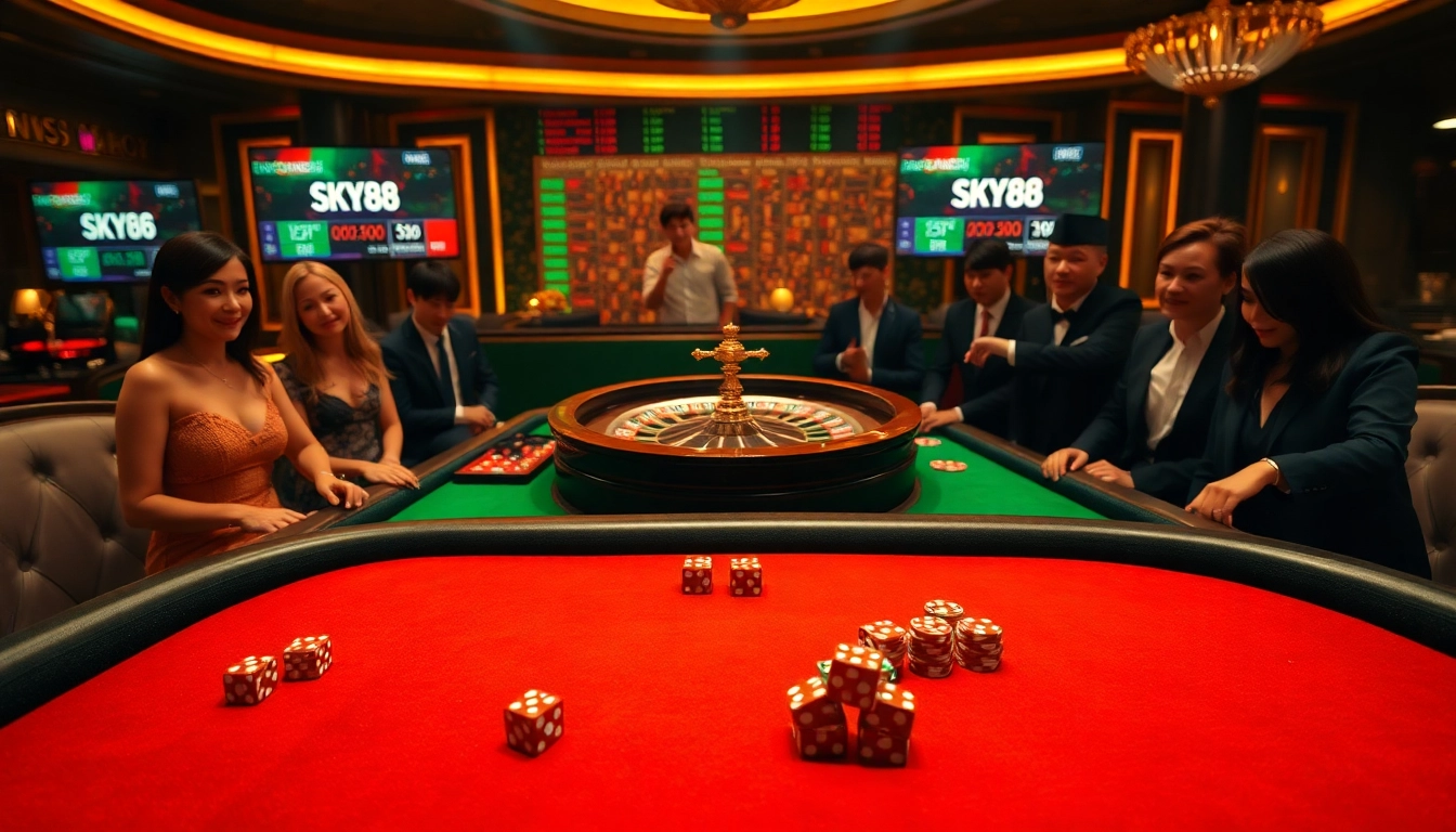 Players experiencing the excitement of live betting at SKY88 Casino's luxurious gaming tables.