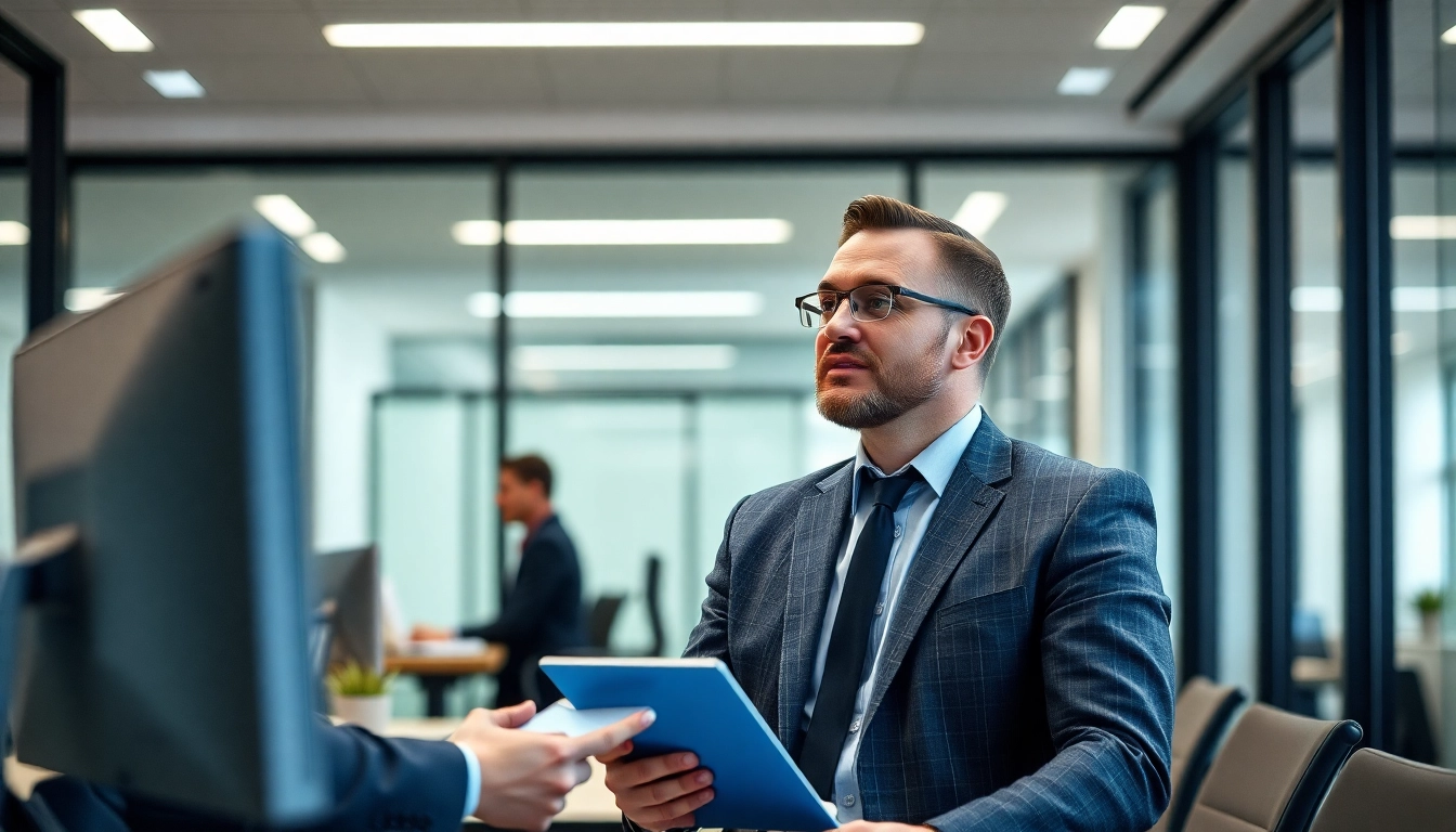 Headhunter führt ein Gespräch mit einem Kandidaten in einem modernen Büro, zeigt Professionalität und Engagement.