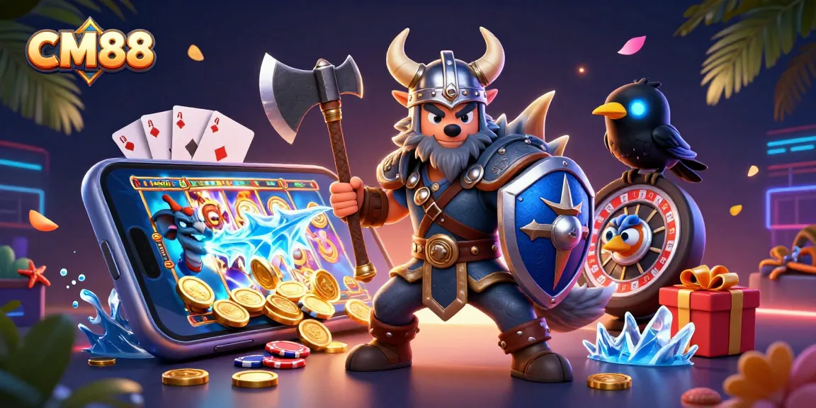 Experience exciting gaming with CM88's captivating 3D casino illustration featuring heroic characters and dynamic elements.