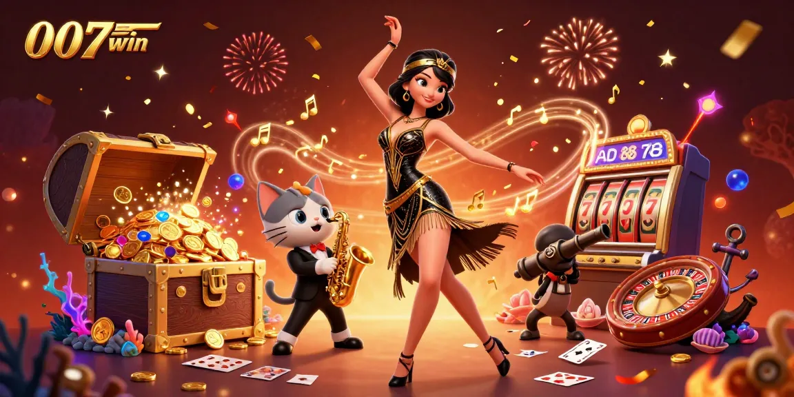 Experience thrill with 007win's dynamic casino scene, showcasing slots, roulette, and vibrant celebration.