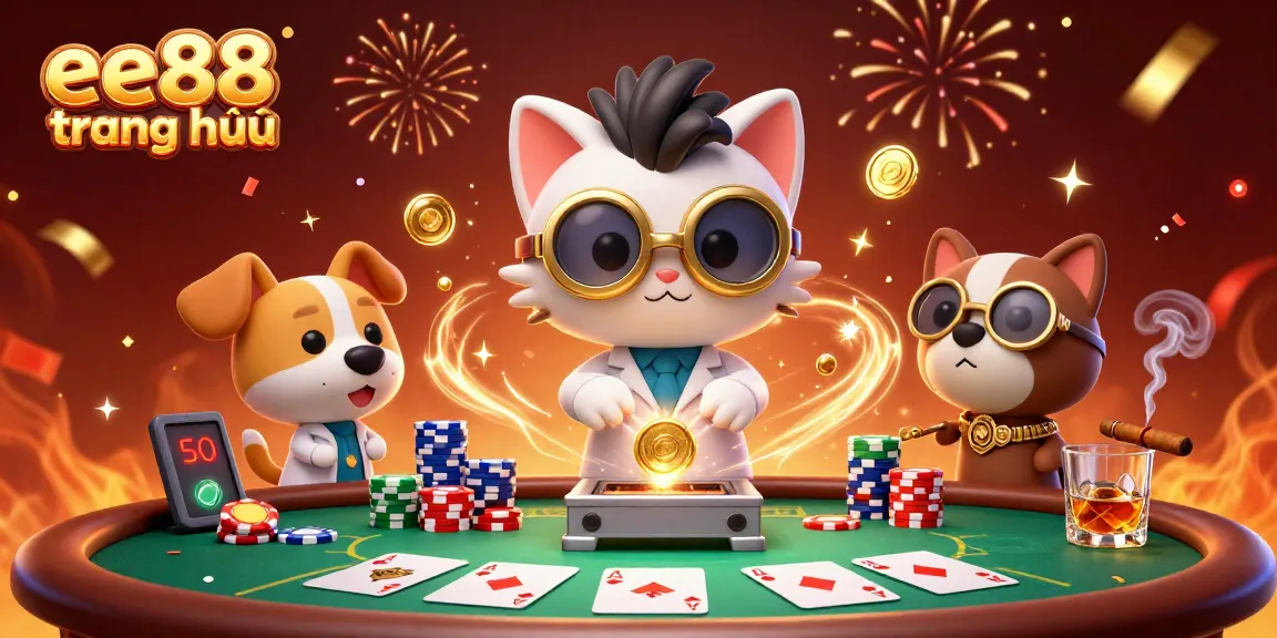 Experience exciting gameplay at ee88 trang chủ with a magical cat and dog duo in a busy casino scene.