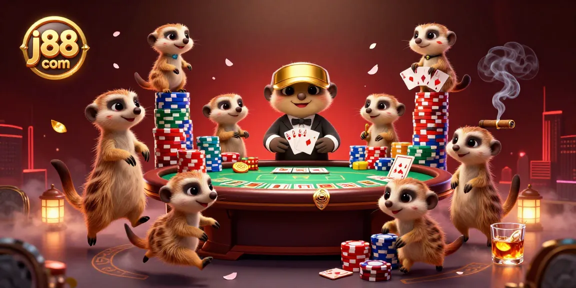 Vibrantly illustrate j88 com with meerkats managing a colorful casino, featuring cards, chips, and animated action.