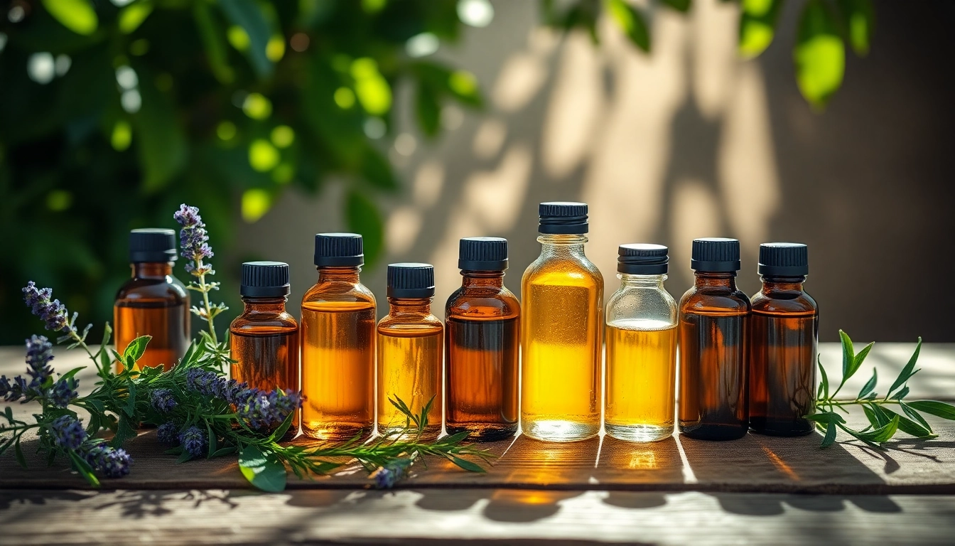 Ätherische Öle kaufen: Beautiful essential oils displayed in elegant glass bottles with herbs.