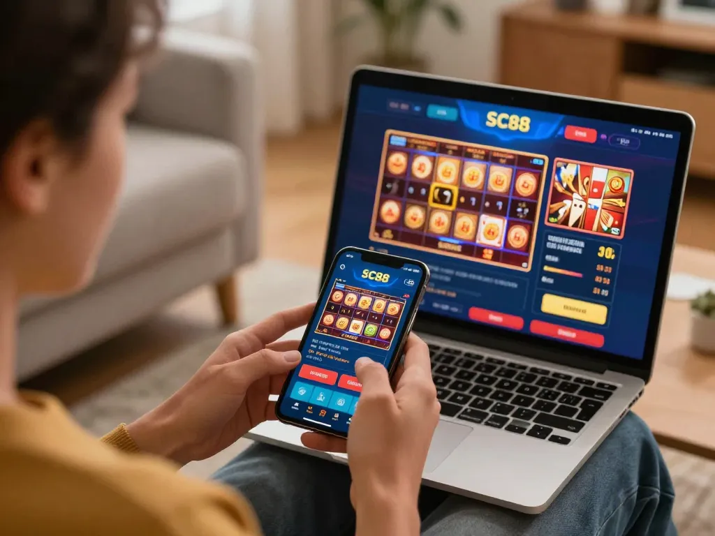 Player engaging with SC88 app on smartphone, showcasing diverse online gaming options in a cozy setting.