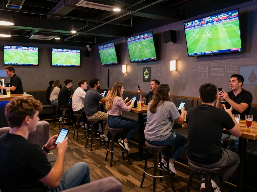 Engaged bettors experiencing บ้านผลบอล7m in an exciting sports bar atmosphere.