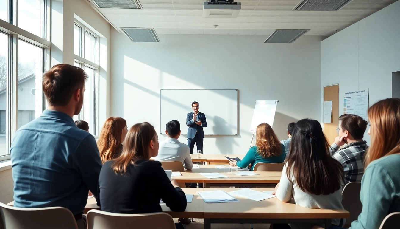 Kurs zur crisis prevention intervention instructor training mit einem engagierten Dozenten und Teilnehmern in einem modernen Schulungsraum.