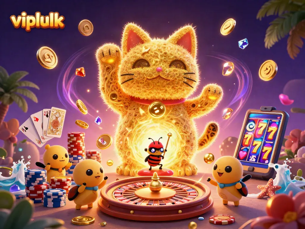 Experience the vibrant energy of vipluck with a dynamic illustration showcasing casino symbols and excitement.