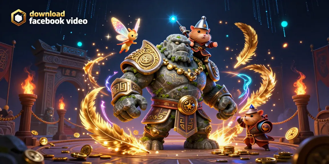 Download Facebook video with a magical golem guardian, fairy, and hamster knight in a rich casino scene.