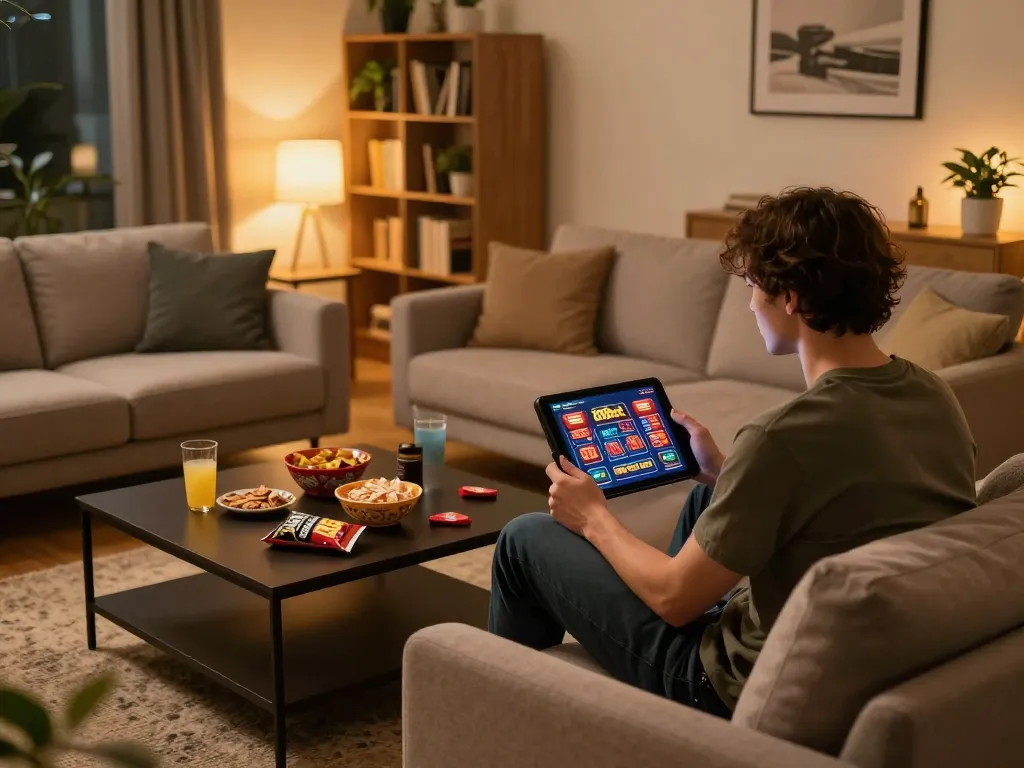 Person playing casino games on 88bet com using a tablet in a cozy home setting