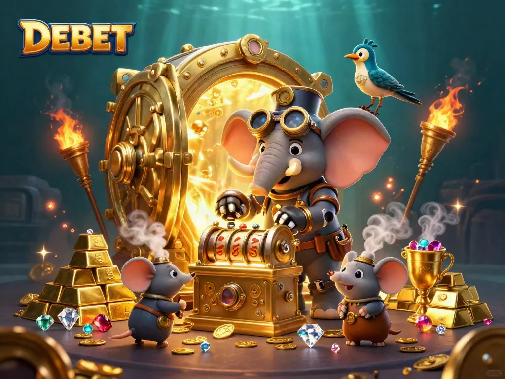 Experience the thrill of DEBET with steampunk characters amidst golden treasures in a vibrant scene.