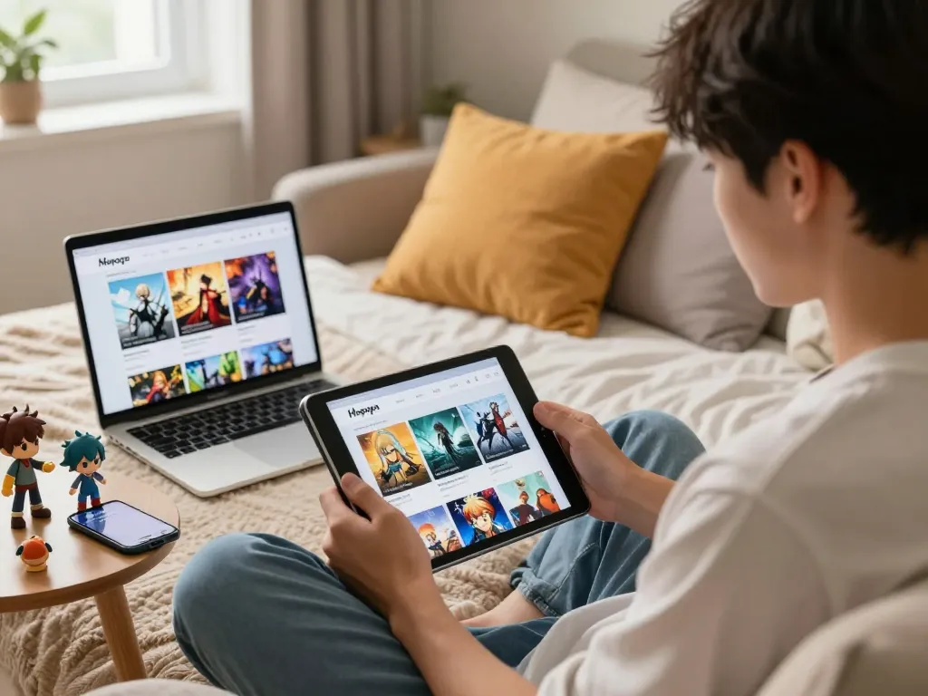 Engaged player exploring a porn game online on a tablet in a cozy bedroom setting.