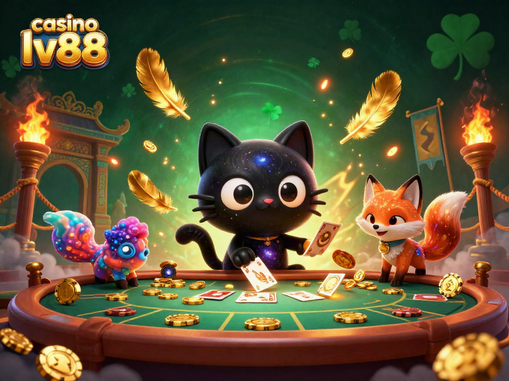 Experience thrilling gameplay at casino lv88 with a cosmic black hole cat and nebula fox illustration.
