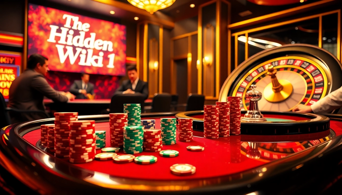 The hidden wiki 1 showcases an illuminated poker table filled with colorful chips, enhancing the thrill of the gambling experience.
