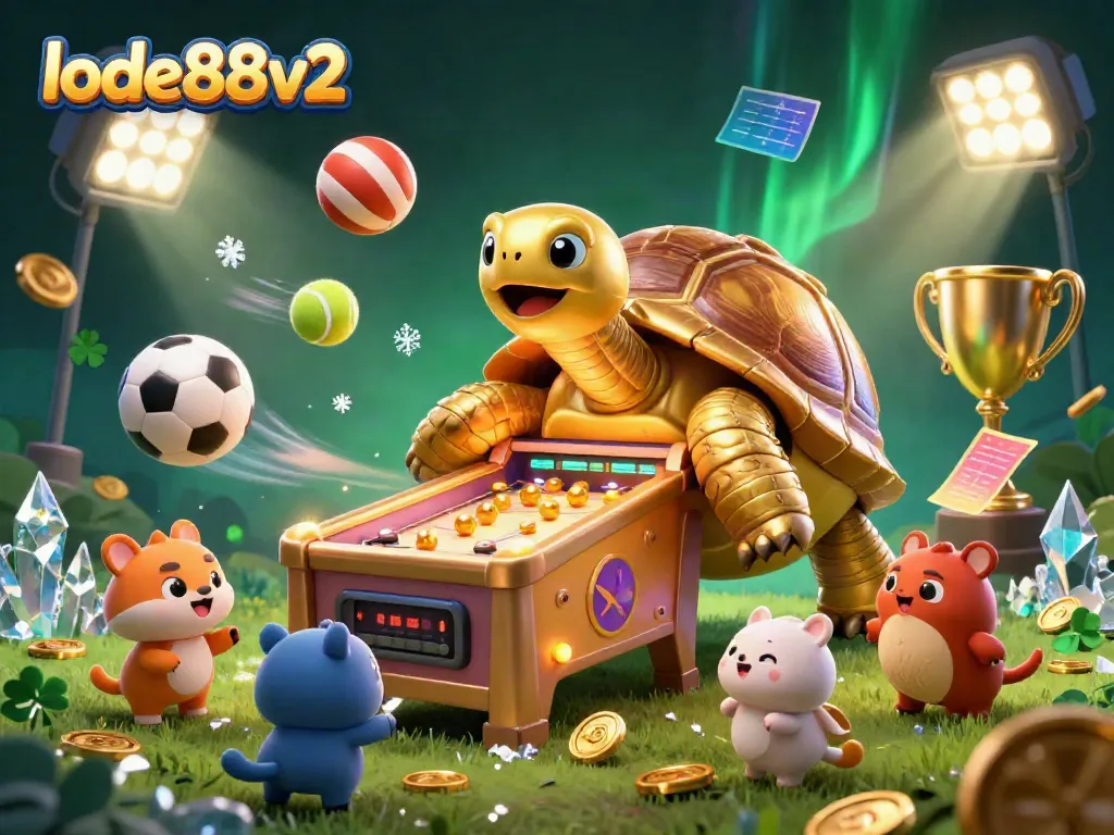 Experience the thrilling excitement of lode88v2 gaming with a vibrant 3D illustration of a colossal golden tortoise and sports betting action.
