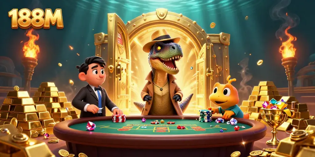 Engaging illustration of 188M gameplay with a velociraptor card counter at blackjack, showcasing vibrant casino elements.