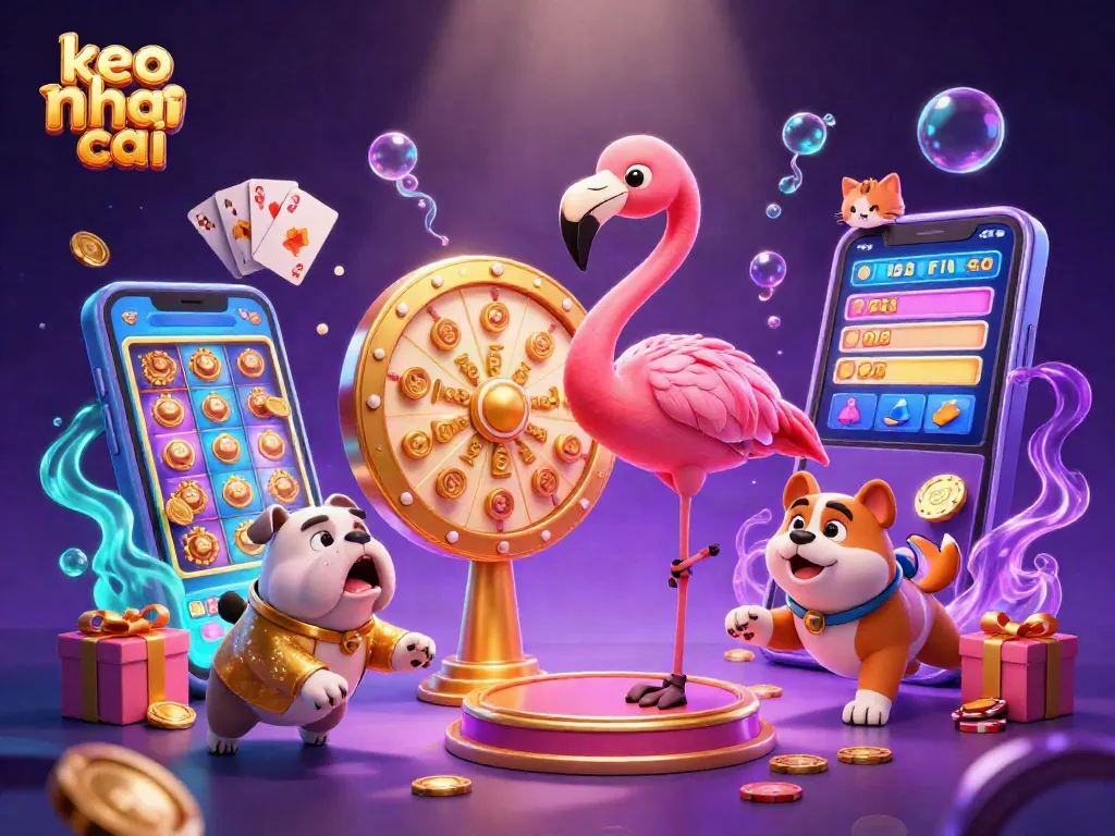 Experience keo nha cai excitement with a cartoon flamingo host, winning prize wheel, and vibrant gaming elements.