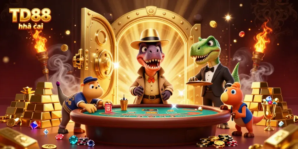 Engage with TD88 nhà cái as a velociraptor card counter sneaks at a luxurious blackjack table surrounded by treasures.