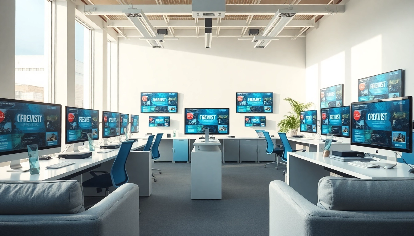 Webdesign Agentur mit modernen Computerbildschirmen, die innovative Designs zeigen.