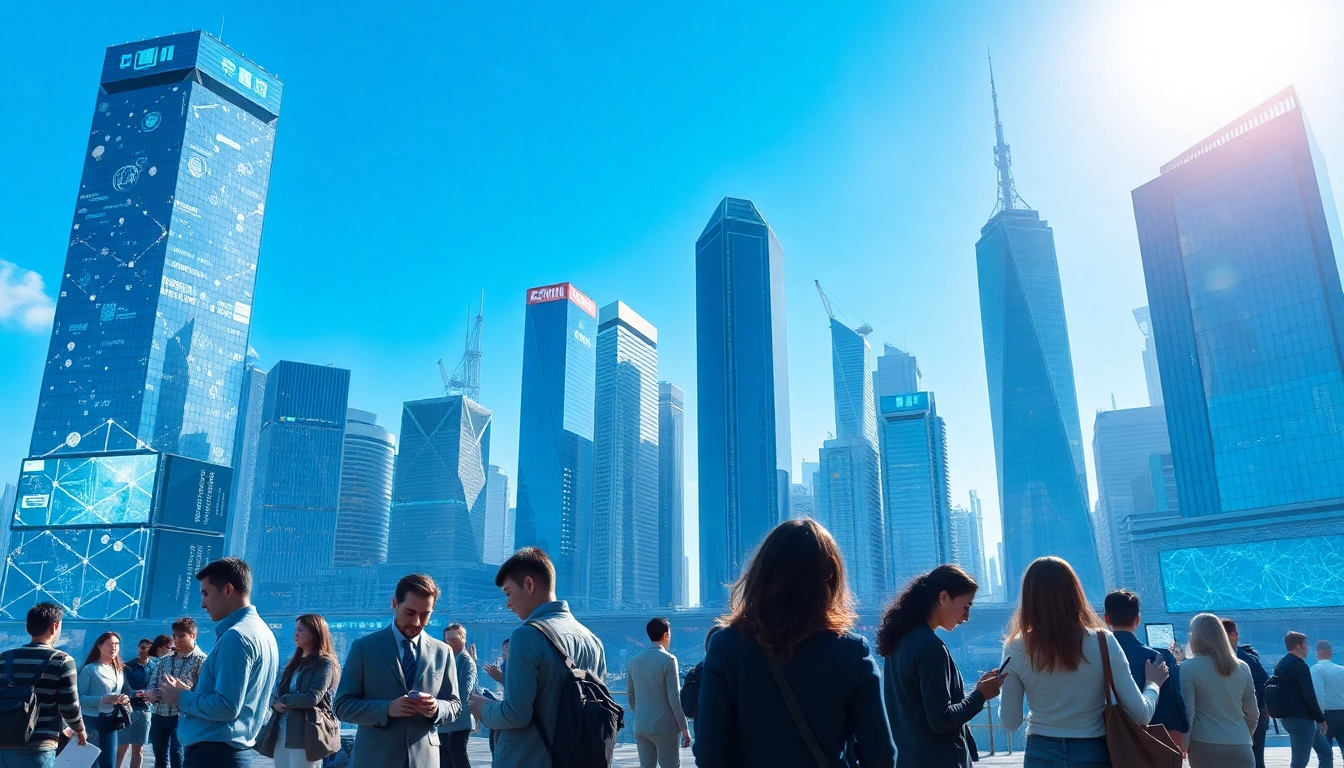 Digitale Zukunft in einer futuristischen Stadt mit technologischen Innovationen und digitalen Aktivitäten.