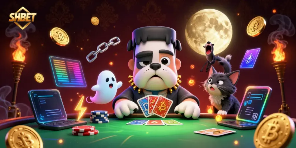 Engage in thrilling card games at SHBET's vibrant casino featuring dynamic characters and electrifying elements.