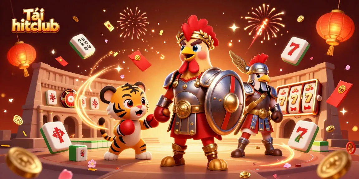 Tải hitclub for an exciting casino experience with colorful slots, lucky symbols, and vibrant backgrounds.