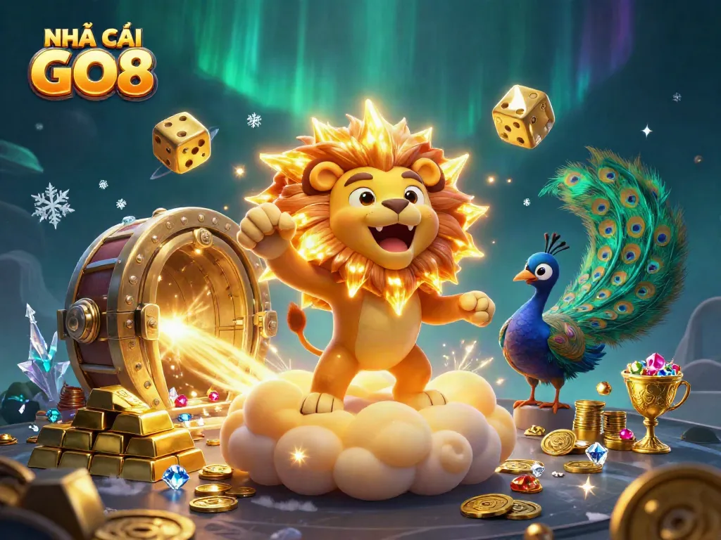 Experience thrilling casino adventures with NHÀ CÁI GO8's captivating 3D scene featuring golden treasures