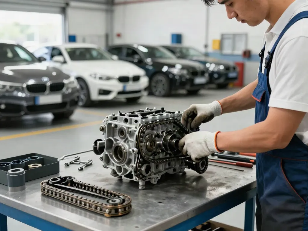 BMW Steuerkette wechseln am Motor durch einen Mechaniker in Werkstatt.