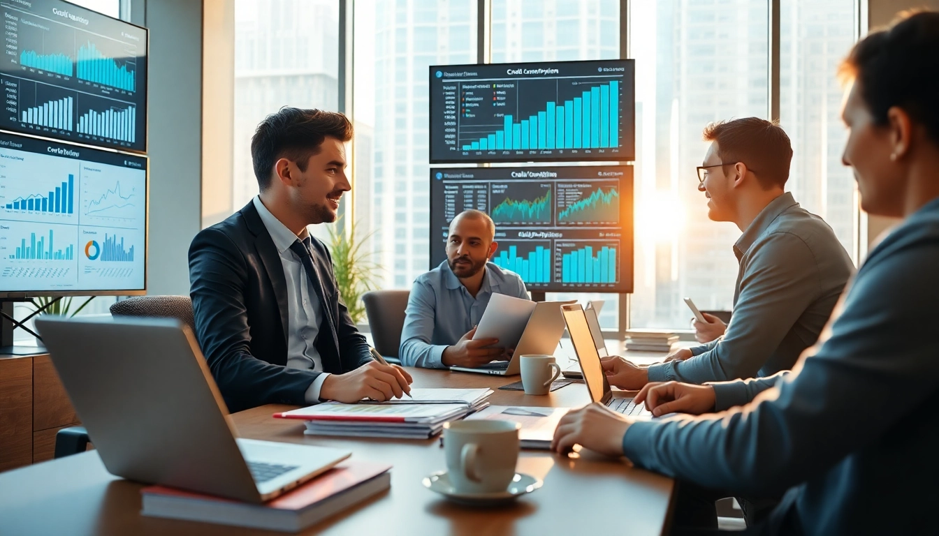 Kreditvergleich für Finanzanalysen in einem modernen Büro mit Berater und Datenvisualisierungen.