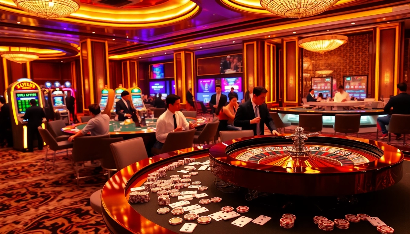 Nohu uy tín showcasing a vibrant casino scene with players at a roulette table and slot machine.