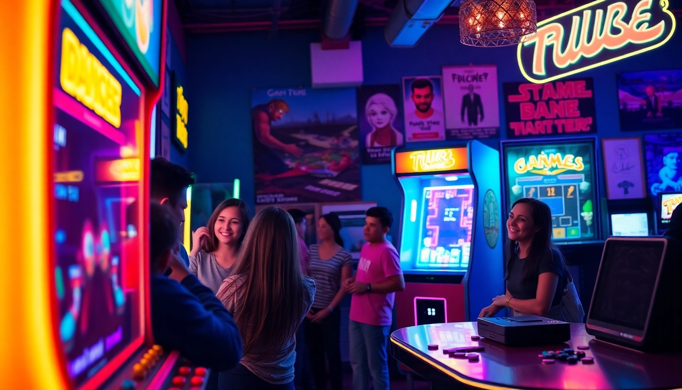 Players enjoying classic games in a nostalgic retro arcade with a vibrant atmosphere.